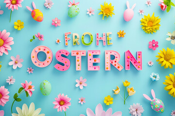 Poster - Decorative arrangement celebrating Easter with colorful letters and floral elements displayed on a bright blue background