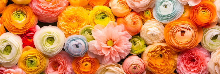 Wall Mural - Colorful arrangement of ranunculus flowers displayed in a vibrant and inviting manner for a spring celebration