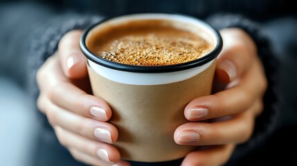 Wall Mural - Hands holding hot coffee cup with fresh foam in ceramic mug. Close up view of manicured fingers wrapped around warm beverage on blurred background.