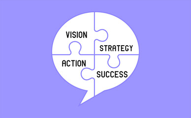 Wall Mural - Vision , action , strategy , success text messages on four piece white puzzle. Integrity, and harmony concept.