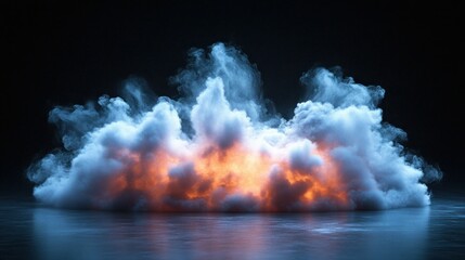 Wall Mural - Glowing smoke cloud, dark studio, reflection, abstract background, VFX