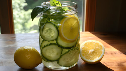 Wall Mural - Lemon-infused water with cucumber slices and fresh basil leaves, served in a glass jar.