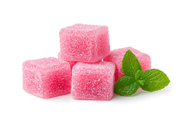 Wall Mural - A pile of pink strawberry jelly cubes isolated on white background.