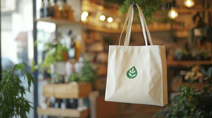 Sticker - biodegradable shopping bag with a printed green logo, hanging from a hook