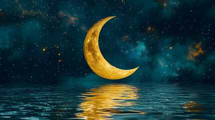 Wall Mural - a crescent moon reflection in water under a starry ramadan sky