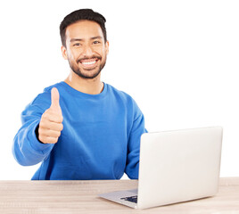 Laptop, thumbs up and portrait of young man by wooden table doing research on the internet. Smile, happy and Indian male person working on project with computer isolated by transparent png background