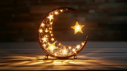 Wall Mural - a glowing crescent moon and star lantern casting intricate light patterns on a wooden table