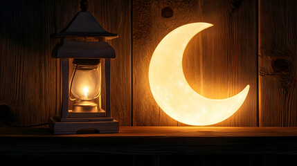 Wall Mural - a glowing crescent moon beside a lantern on a wooden shelf, casting a peaceful ambiance