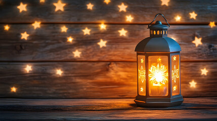 Wall Mural - A glowing Ramadan lantern on a rustic wooden surface with starry fairy lights in the background