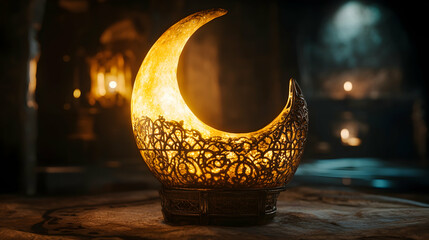 Wall Mural - a golden crescent moon placed inside an intricately designed lantern, glowing softly in a dimly lit 
