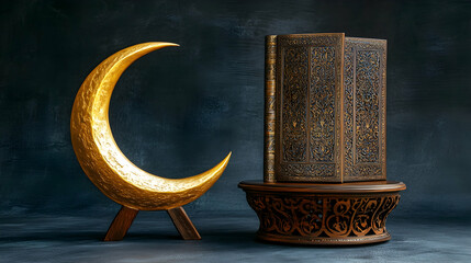 Wall Mural - a golden crescent moon standing beside an intricately carved wooden quran stand