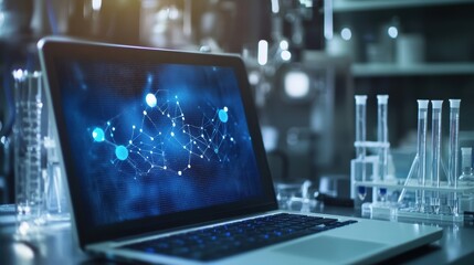 A medium closeup of a laboratory laptop showcasing a software application that manages experimental data featuring a visual representation of a blockchain network ensuring data integrity