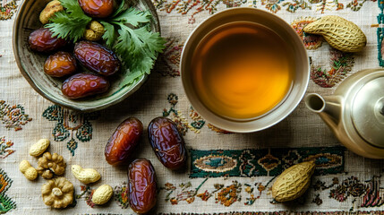 Wall Mural - A peaceful suhoor setting with herbal tea, fresh dates and nuts on an embroidered tablecloth