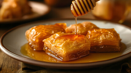 Wall Mural - A plate of golden-brown baklava with honey drizzling on top, elegantly arranged