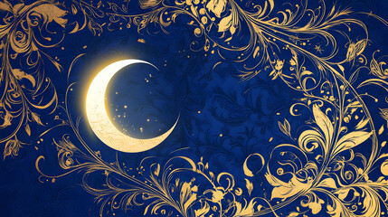 Wall Mural - golden islamic patterns on a deep blue background featuring a glowing crescent moon and elegant call