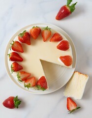 Canvas Print - Creamy white cake decorated with fresh strawberries. A delicious dessert!