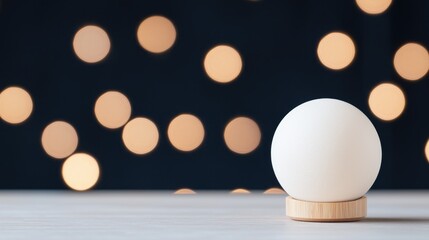 Canvas Print - White sphere lamp on wood, bokeh background, festive mood, product display