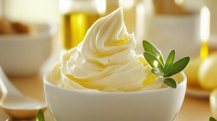 Wall Mural - Palm oil shea butter. Creamy butter swirl in a bowl, garnished with a mint leaf.