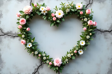 Wall Mural - A modern industrial twist: a heart-shaped floral frame with soft pastel blossoms and leaves growing from cracks in a concrete slab, symbolizing the harmony of nature and urban development.