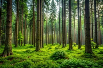 Wall Mural - Dense forest with tall trees and underbrush, leaves, wildlife, animals, fauna, environment