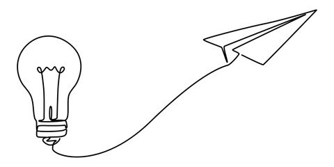 Fototapete - Paper plane flying up connected with light bulb in one continuous line drawing. Airplane in outline style. Startup business idea concept with editable stroke. Vector illustration, pro vector on white.