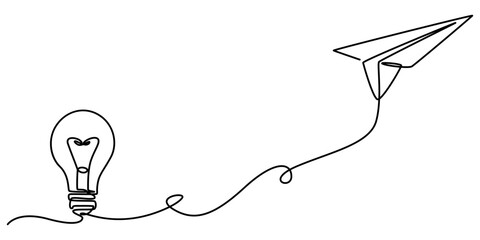 Fototapete - Paper plane flying up connected with light bulb in one continuous line drawing. Airplane in outline style. Startup business idea concept with editable stroke. Vector illustration, pro vector on white.