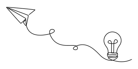 Fototapete - Paper plane flying up connected with light bulb in one continuous line drawing. Airplane in outline style. Startup business idea concept with editable stroke. Vector illustration, pro vector on white.