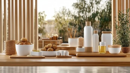 Wall Mural - Palm oil shea butter. Minimalist kitchen setup with elegant containers and natural elements.