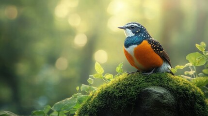 Colorful bird perched on moss, forest background, sunrise