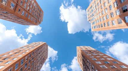 Wall Mural - Four high-rise buildings, blue sky, white clouds, urban landscape, real estate