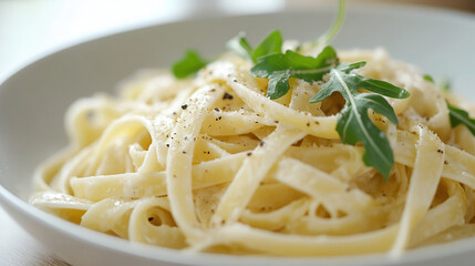 Wall Mural - Delicious lemon ricotta pasta with arugula presented in a kitchen bathed in soft daylight