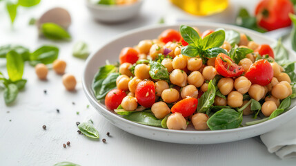 Wall Mural - Fresh chickpea salad with cherry tomatoes and spinach on a white plate against a clean, bright background