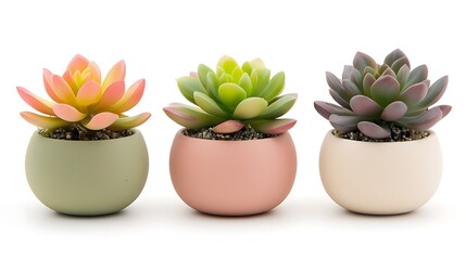 Wall Mural - Three potted succulents, pastel colors, white background, home decor