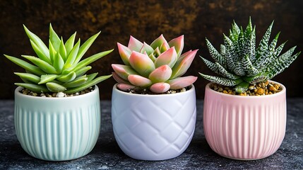 Wall Mural - Three succulents in pastel pots on dark background; home decor