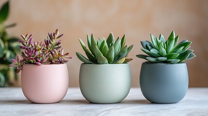 Wall Mural - Three succulents in pastel pots on table, muted background, home decor