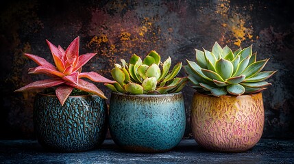 Wall Mural - Colorful succulents in ceramic pots, dark background, home decor