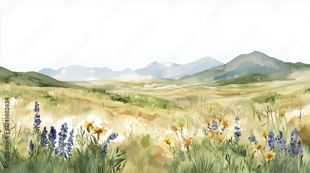 watercolor painting of a landscape with wild flowers, grass, hills and ...
