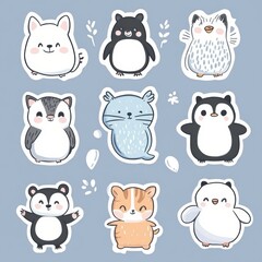 Poster - Cute animal stickers featuring playful designs in a variety of colors on a soft blue background. Generative AI