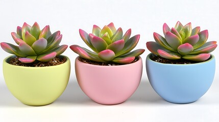 Wall Mural - Three colorful succulent plants in pots on white background; home decor