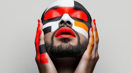 Artistic Face Paint: A striking close-up of a person's face and hands, transformed into a vibrant work of art with bold geometric designs and a creative color palette.