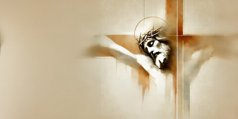 Fototapete - Portrait of Christ with crown of thorns during crucifixion.

