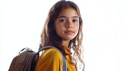 Wall Mural - Portrait of a teenage girl with curly hair wearing a yellow shirt and gray backpack standing against a bright white background in a studio setting.