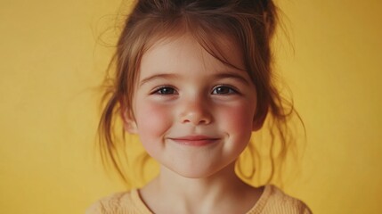 Wall Mural - Preschool girl with brown hair and warm skin tone smiling naturally on vibrant yellow background capturing joyful childhood innocence and happiness.