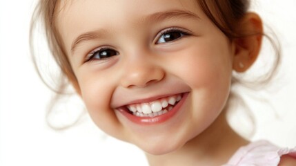 Sticker - Cheerful young girl with bright smile and sparkling eyes, dressed in light pink, captured on a clean white background, conveying joy and innocence.