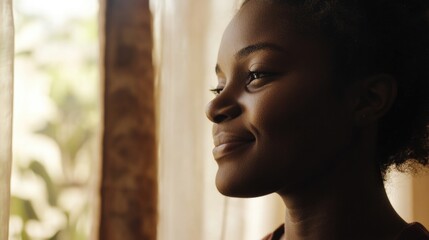 Canvas Print - Smiling African American woman with natural hair indoors by sunny window showcasing warmth and femininity in soft natural light.