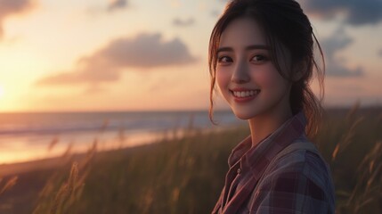 Wall Mural - Confident young Asian woman smiling at sunset by the seaside with gentle ocean waves and grass in the foreground, creating a serene atmosphere.