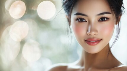 Wall Mural - Radiant young Asian woman with smooth skin and soft features, shoulder portrait with bokeh background of soft golden and green hues, natural beauty.