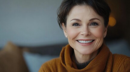 Wall Mural - Smiling mature woman with short brown hair wearing a cozy amber sweater, sitting indoors in a softly lit environment, exuding warmth and positivity.