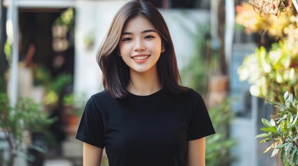 Wall Mural - smiling young Asian woman with long dark hair wearing a black t-shirt standing outdoors in a lush garden setting with greenery and sunlight