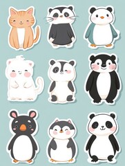 Poster - Cute animal stickers featuring cats, pandas, and penguins designed in a playful style for childrens crafts. Generative AI
